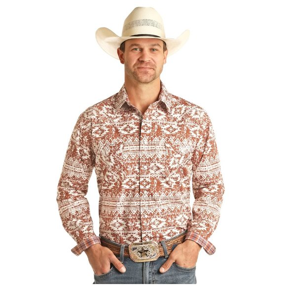 Cowboy Mens Horizontal Distressed Aztec Pearl Snap Button Down Longsleeved Shirt - Picture 1 of 8